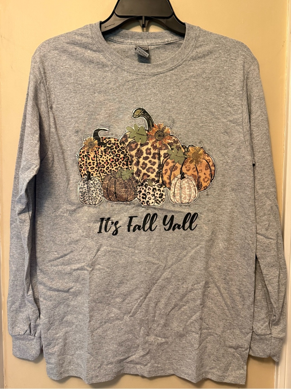 Gildan Gray Long Sleeve Tee with Leopard Pumpkin Graphic